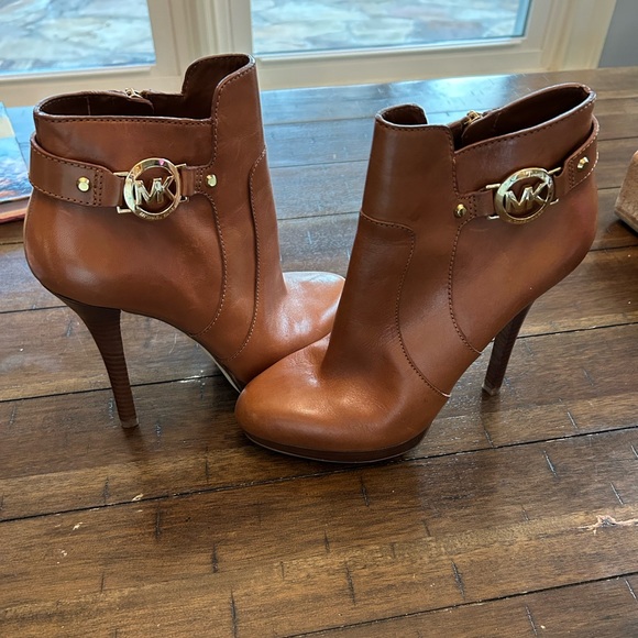 Michael Kors Shoes - Michael Kors Cognac Leather Ankle Booties with Gold MK Accent